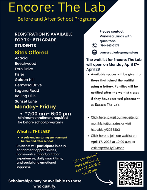Encore: The Lab registration flyer.  Our interest list begins on Monday April 17 through Friday April 28.  